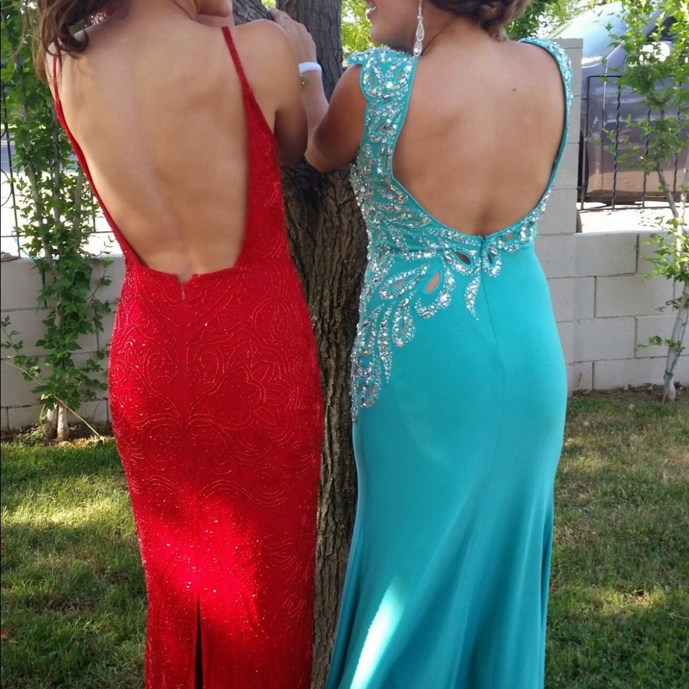 Red beaded midi formal dress with slit in the back